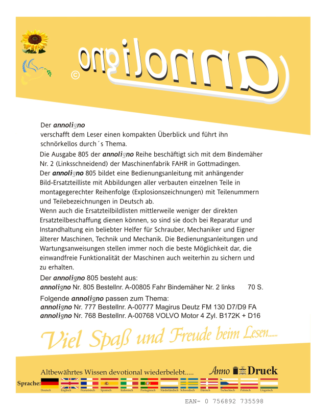 FAHR Bindemäher Typ Nr. 2 (Linksschneidend) Bild- Bedienungsanleitung & Bild- Ersatzteilliste & Explosionszeichnungen - annoligno 805